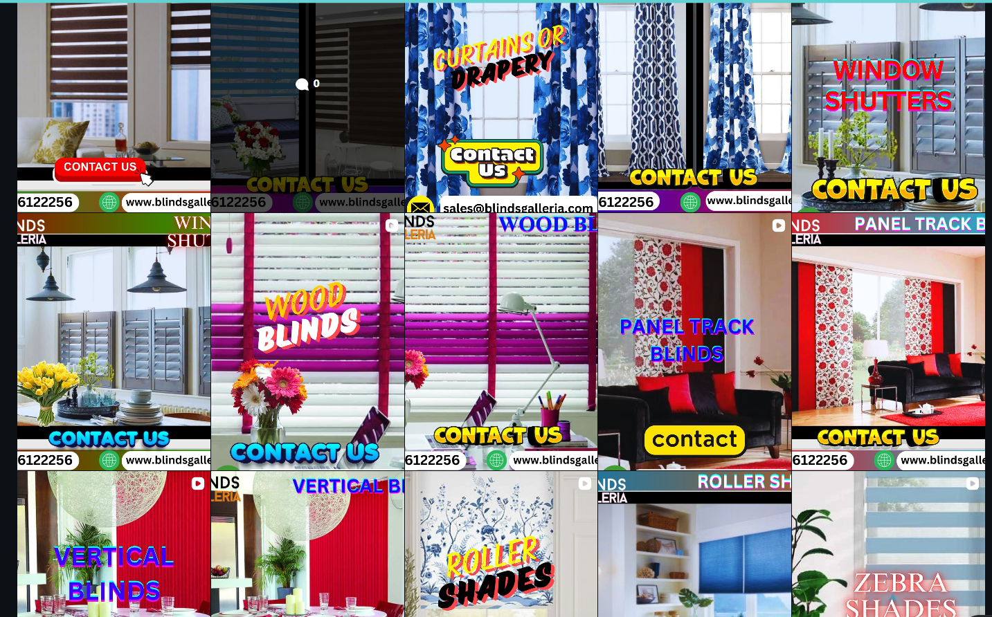 Blindsgalleria's Instagram feed before: AI-generated and stock product graphics with contact-us overlays