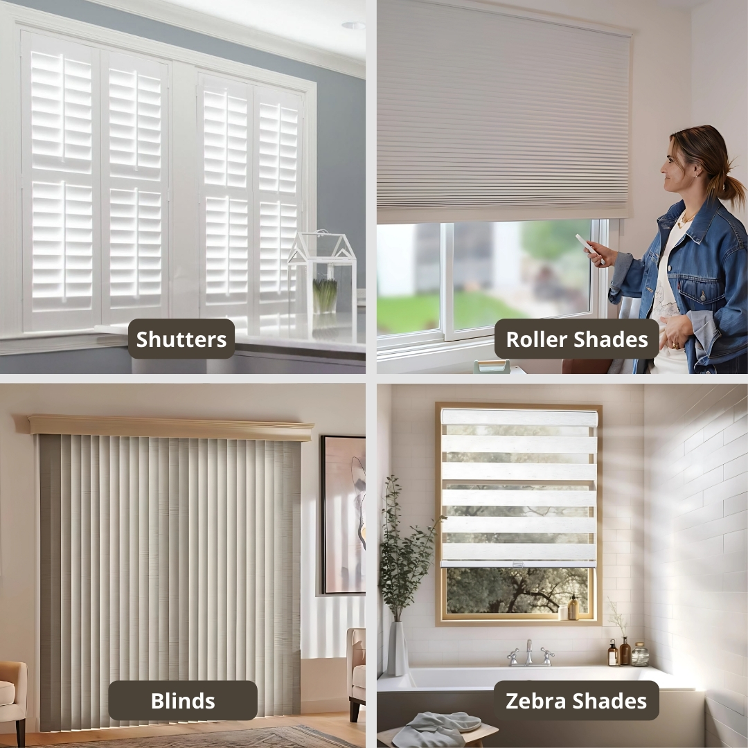The winning Facebook ad creative — a four-product grid showing shutters, roller shades, blinds and zebra shades