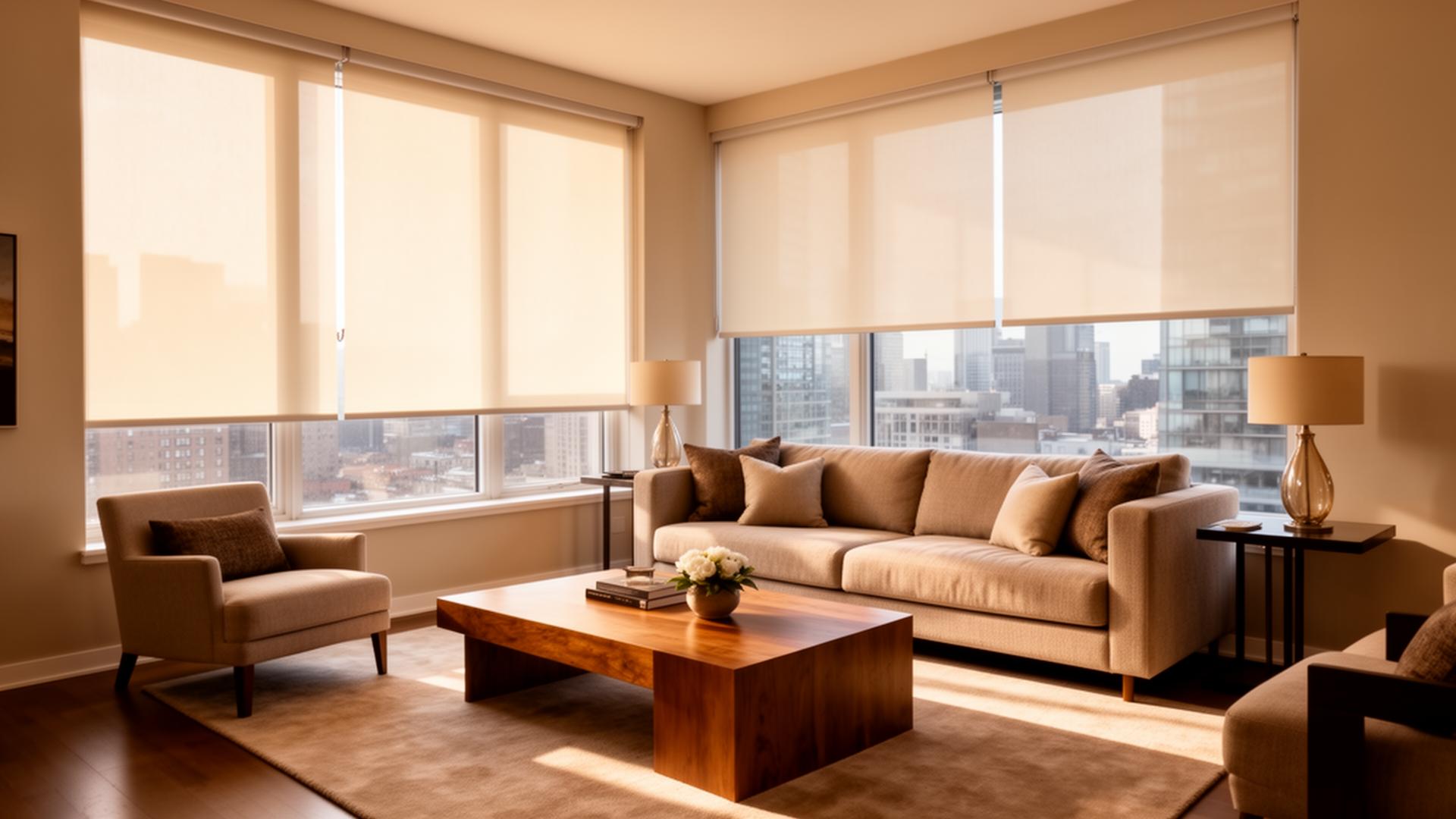 Living room with custom roller shades — the kind of product these campaigns sold